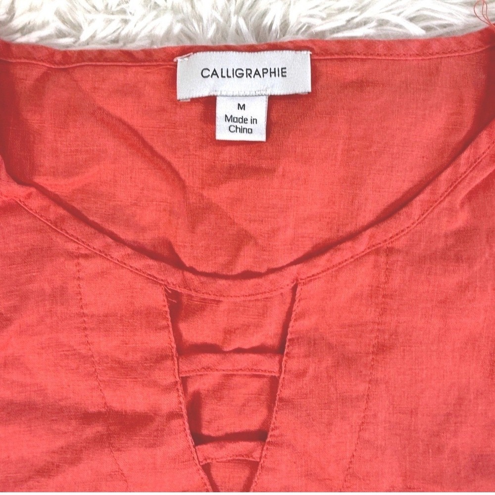 Calligraphie Linen Coral V Neck Lattice Detail Tunic Top Women's Medium‎ Beach